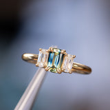 0.87ct Modern Elongated Cushion Australian Sapphire and Matching Diamond Three Stone Low Profile Ring in 18k Yellow Gold