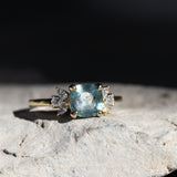 1.65ct Silky, Untreated Cushion Cut Montana Sapphire and Lab Grown Marquise Diamond Cluster Ring in 14k Yellow Gold