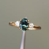 1.87ct Oval Untreated Songean Ocean Blue Sapphire and Lab Grown Diamond Dainty Three Stone Ring in 18k Yellow Gold