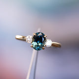 1.87ct Oval Untreated Songean Ocean Blue Sapphire and Lab Grown Diamond Dainty Three Stone Ring in 18k Yellow Gold