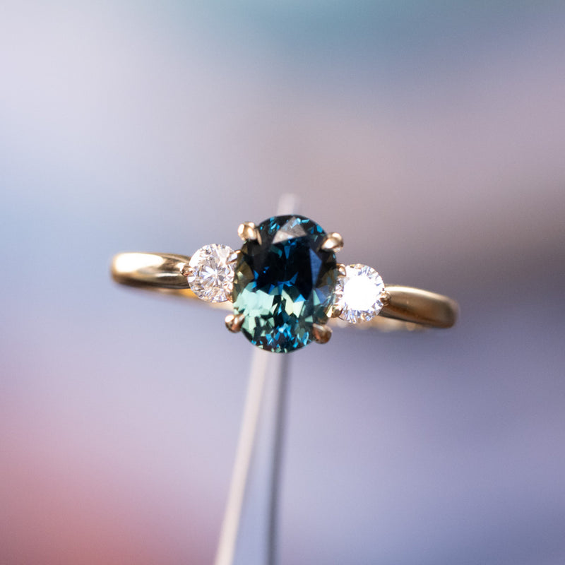 1.87ct Oval Untreated Songean Ocean Blue Sapphire and Lab Grown Diamond Dainty Three Stone Ring in 18k Yellow Gold