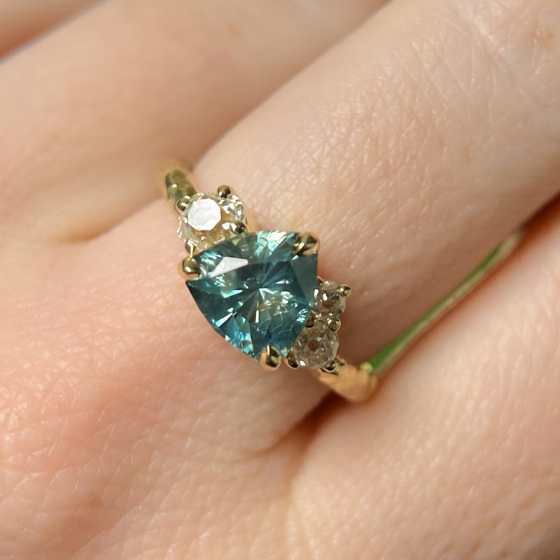 2.17ct Trillion Teal Blue Untreated Montana Sapphire and Antique Diamond Mountainscape Ring in 18k Yellow Gold