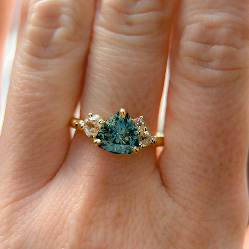 2.17ct Trillion Teal Blue Untreated Montana Sapphire and Antique Diamond Mountainscape Ring in 18k Yellow Gold