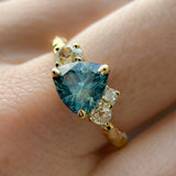 2.17ct Trillion Teal Blue Untreated Montana Sapphire and Antique Diamond Mountainscape Ring in 18k Yellow Gold