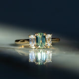 0.87ct Modern Elongated Cushion Australian Sapphire and Matching Diamond Three Stone Low Profile Ring in 18k Yellow Gold