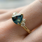 2.17ct Trillion Teal Blue Untreated Montana Sapphire and Antique Diamond Mountainscape Ring in 18k Yellow Gold