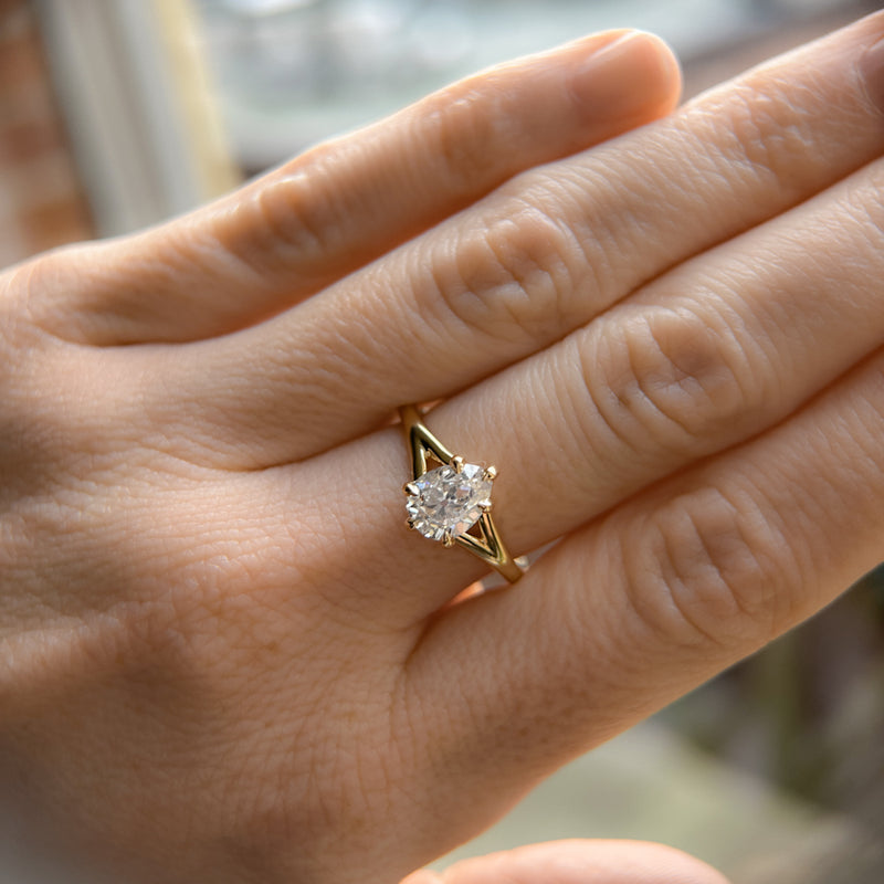 1.18ct Natural Canadian Pear Modern "Antique Cut" Diamond Low Profile Six Prong Split Shank Solitaire in 14k Yellow Gold