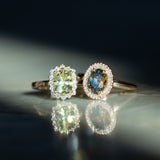 1.64ct Elongated Cushion Cut Green Montana Sapphire Antique-Style Diamond Halo Ring in 14k Green Gold