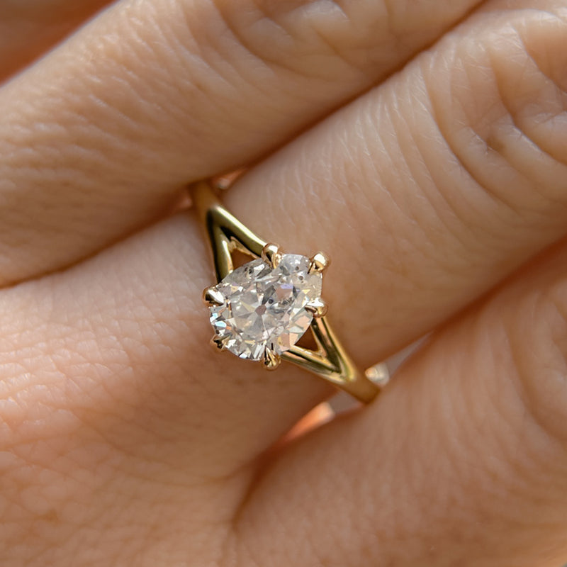 1.18ct Natural Canadian Pear Modern "Antique Cut" Diamond Low Profile Six Prong Split Shank Solitaire in 14k Yellow Gold