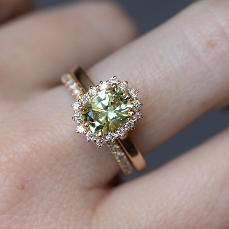 1.64ct Elongated Cushion Cut Green Montana Sapphire Antique-Style Diamond Halo Ring in 14k Green Gold