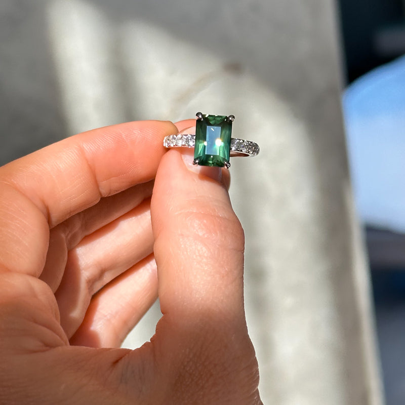4.26ct Madagascar Radiant Cut Green Sapphire Solitaire Ring with French Set Diamonds in 18k White Gold