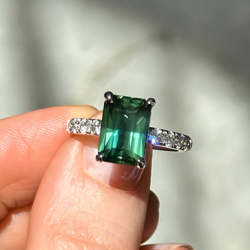 4.26ct Madagascar Radiant Cut Green Sapphire Solitaire Ring with French Set Diamonds in 18k White Gold