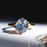 4.0ct Bicolor Parti Oval Sapphire Low Profile Six Prong Split Shank Evergreen Solitaire in 14k Yellow Gold