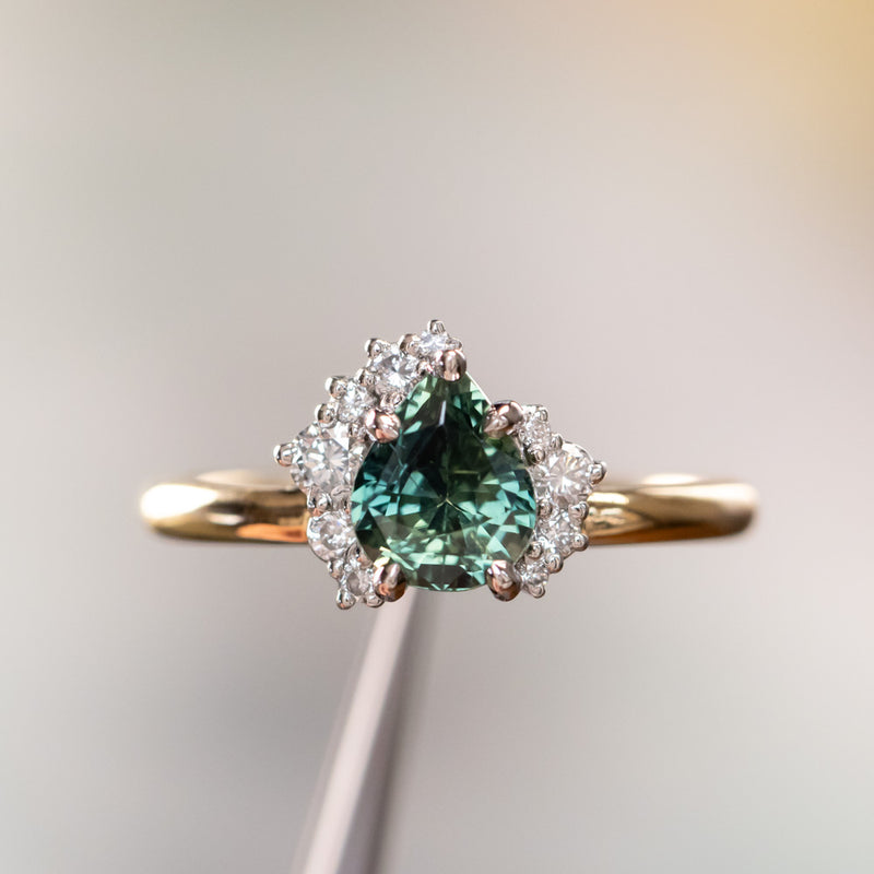 1.57ct Pear Deep Teal Green-Blue Sapphire and Diamond Asymmetrical Cluster Ring in Two Tone 18k Yellow and Platinum