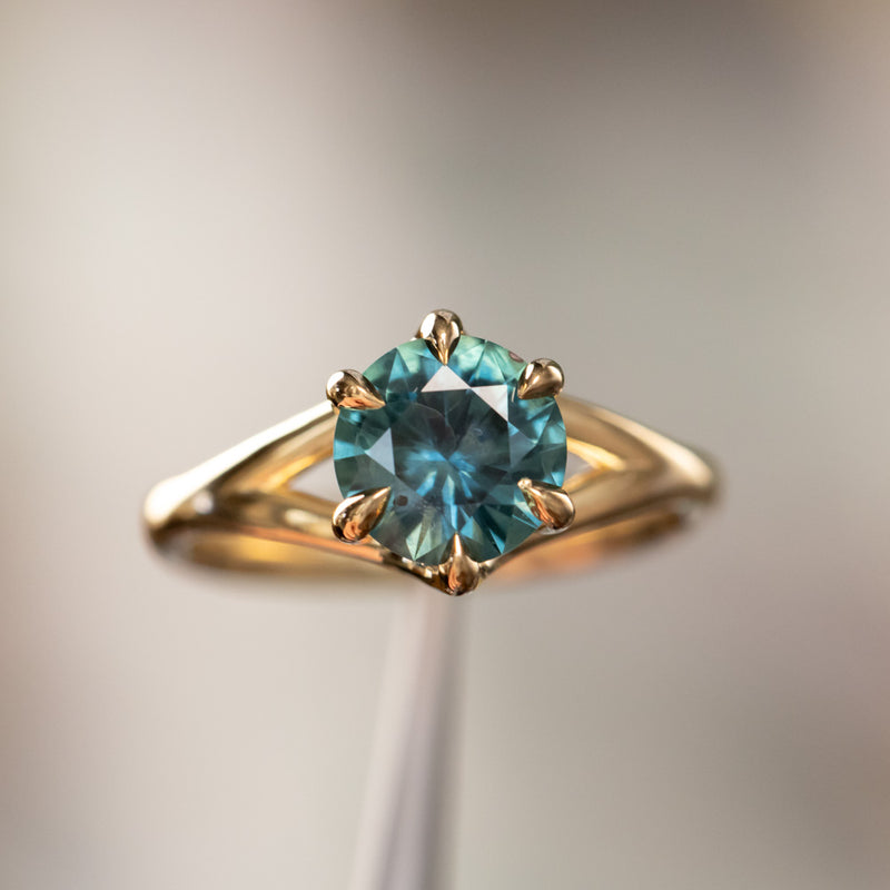 1.93ct Ocean Blue Teal Montana Sapphire Low Profile Six Prong Split Shank Solitaire in 18k Yellow Gold