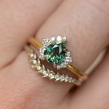 1.57ct Pear Deep Teal Green-Blue Sapphire and Diamond Asymmetrical Cluster Ring in Two Tone 18k Yellow and Platinum