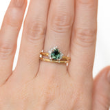 1.57ct Pear Deep Teal Green-Blue Sapphire and Diamond Asymmetrical Cluster Ring in Two Tone 18k Yellow and Platinum