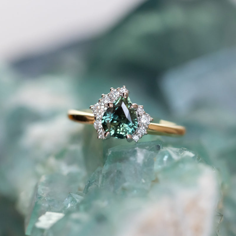 1.57ct Pear Deep Teal Green-Blue Sapphire and Diamond Asymmetrical Cluster Ring in Two Tone 18k Yellow and Platinum