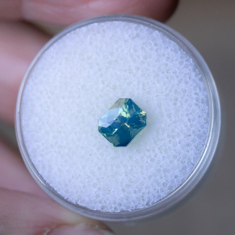 1.73CT RADIANT CUT MADAGASCAR SAPPHIRE, OPALESCENT TEAL GREEN AND BLUE, 6.5X5.5X5.2MM