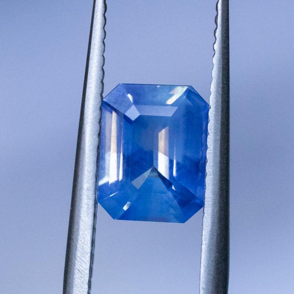 1.75CT EMERALD CUT MADAGASCAR SAPPHIRE, SILKY OPALESCENT PERIWINKLE BLUE, 7.74X6X3.91MM