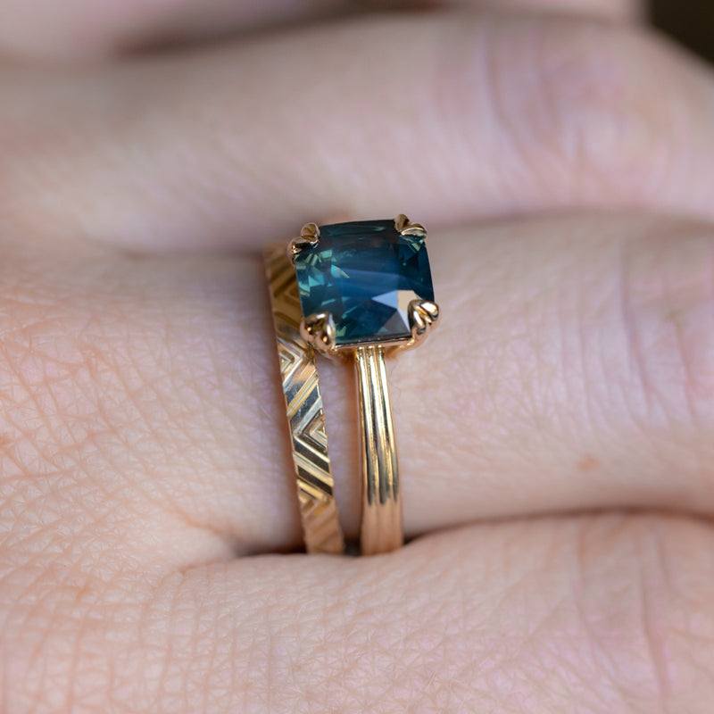 2.33ct Teal Cushion Cut Sapphire Low Profile Tri-Band "Three Winds" Double Prong Tapered Solitaire in 14k Yellow Gold