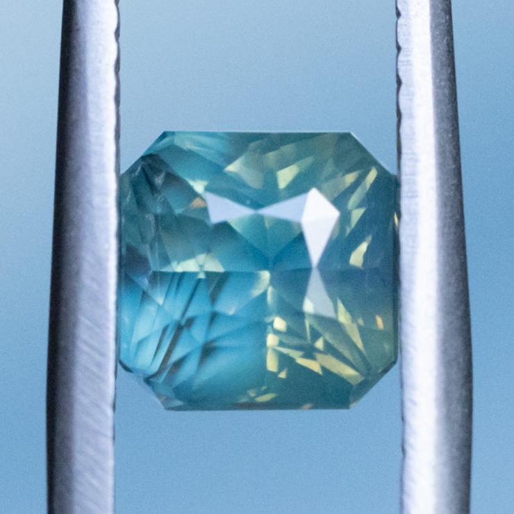 2.22CT RADIANT CUT MADAGASCAR SAPPHIRE, OPALESCENT TEAL GREEN WITH PARTI YELLOW, 6.10X5.84X5.77MM