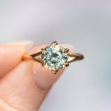2.67ct Medium Teal Green Montana Sapphire Low Profile Six Prong Split Shank Solitaire in 14k Yellow Gold