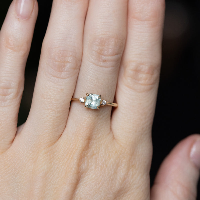 1.07ct Minty Seafoam Green Montana Sapphire and Diamond Dainty Three Stone Ring in 14k Yellow Gold