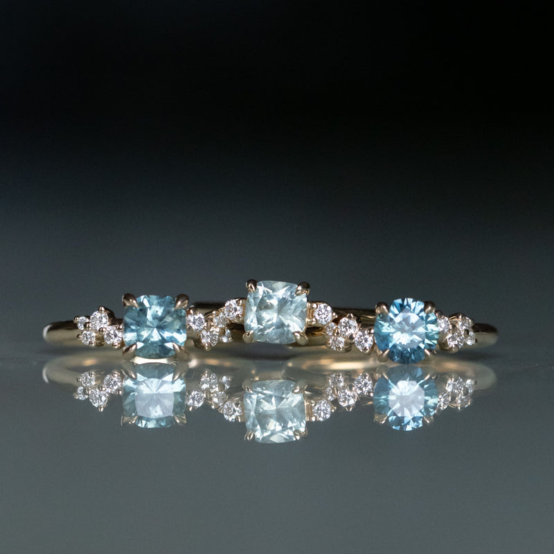 1.07ct Minty Seafoam Green Montana Sapphire and Diamond Dainty Three Stone Ring in 14k Yellow Gold