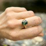 3.29ct Untreated Oval Parti Green Sapphire Low Profile 6 Prong Evergreen Carved Solitaire in 14k Yellow Gold