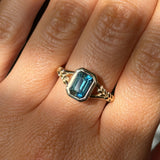 2.15ct Emerald Cut Madagascar Sapphire Wandering Vine Low Profile Bezel Split Shank Ring in 14k Yellow Gold