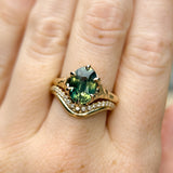 3.29ct Untreated Oval Parti Green Sapphire Low Profile 6 Prong Evergreen Carved Solitaire in 14k Yellow Gold