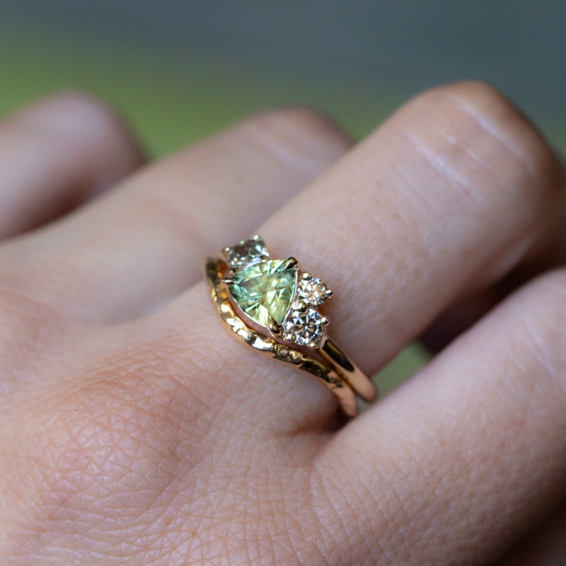 0.99ct Trillion Bright Green Montana Sapphire and Natural Diamond Mountainscape Ring in 14k Yellow Gold