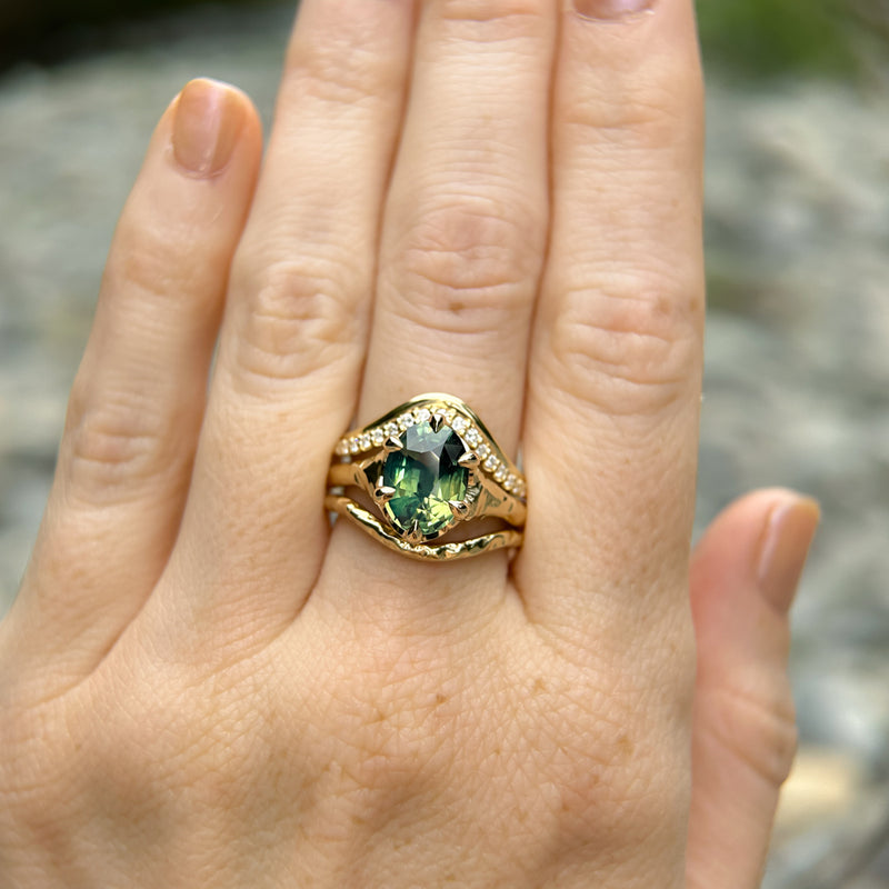 3.29ct Untreated Oval Parti Green Sapphire Low Profile 6 Prong Evergreen Carved Solitaire in 14k Yellow Gold