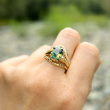 3.29ct Untreated Oval Parti Green Sapphire Low Profile 6 Prong Evergreen Carved Solitaire in 14k Yellow Gold
