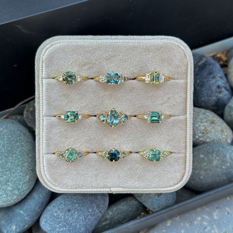 1.55ct Cushion Cut Montana Sapphire and Trillion Sapphire Antique Compass Set Low Profile Ring in 14k Yellow Gold
