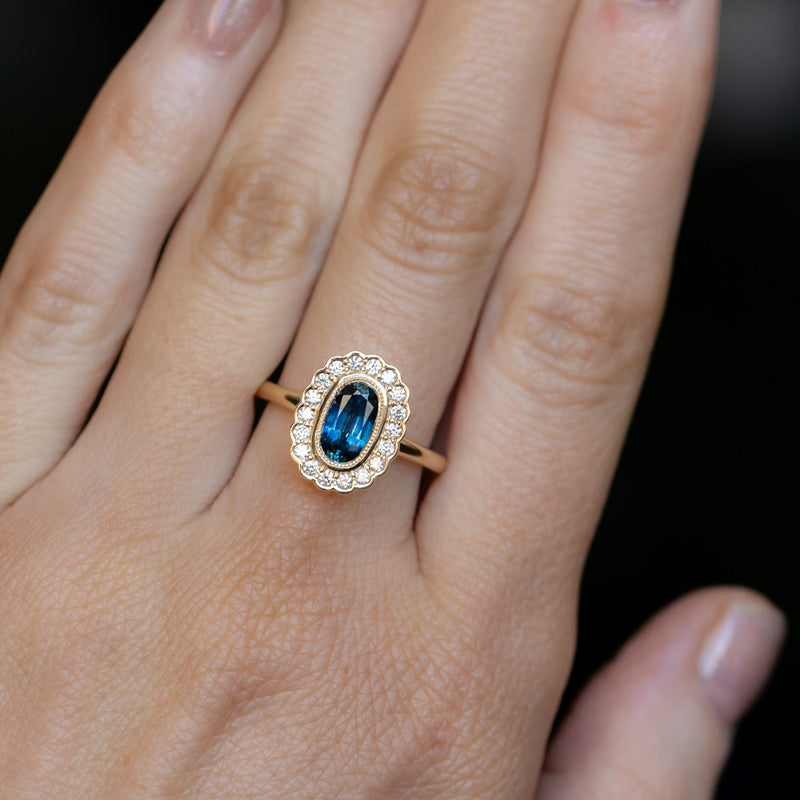 1.22ct Oval Blue Montana Sapphire Scalloped Antique Style Diamond Halo Ring in 14k Yellow Gold