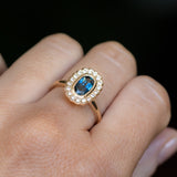 1.22ct Oval Blue Montana Sapphire Scalloped Antique Style Diamond Halo Ring in 14k Yellow Gold