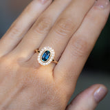 1.22ct Oval Blue Montana Sapphire Scalloped Antique Style Diamond Halo Ring in 14k Yellow Gold