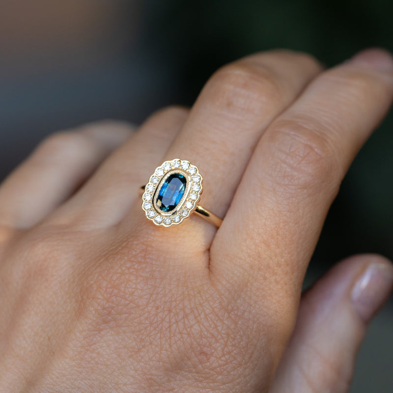 1.22ct Oval Blue Montana Sapphire Scalloped Antique Style Diamond Halo Ring in 14k Yellow Gold