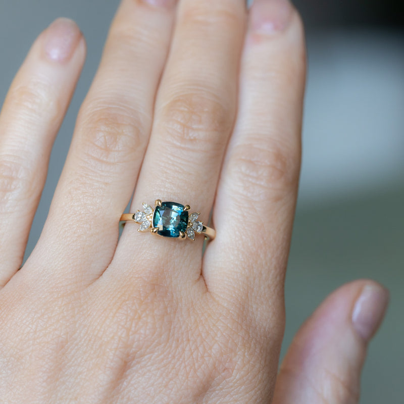 1.91ct Blue Montana Sapphire Cushion Cut and Lab Grown Marquise Diamond Cluster Ring in 14k Yellow Gold