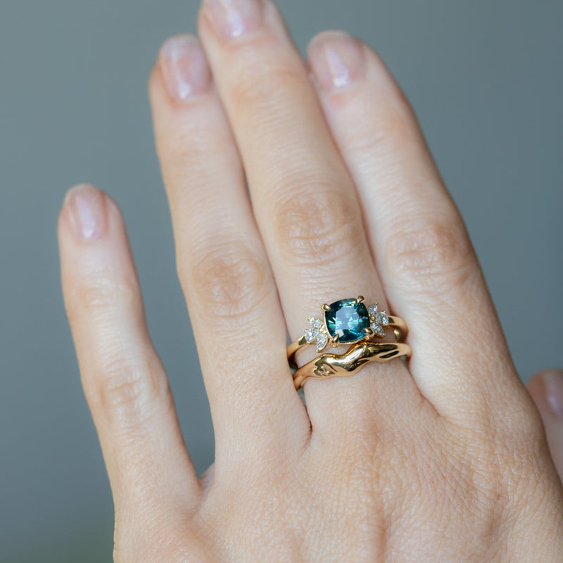 1.91ct Blue Montana Sapphire Cushion Cut and Lab Grown Marquise Diamond Cluster Ring in 14k Yellow Gold