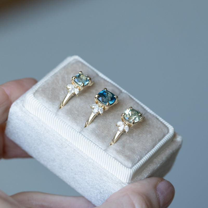 1.11ct Light Teal Blue Cushion Cut Untreated Montana Sapphire and Lab Grown Marquise Diamond Cluster Ring in 14k Yellow Gold