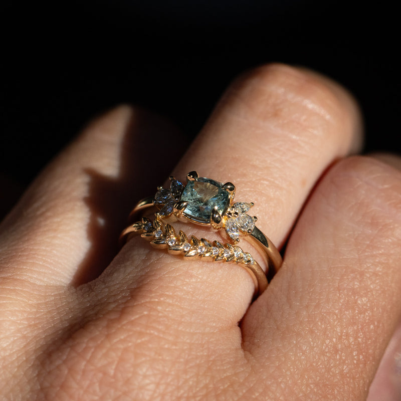 1.11ct Light Teal Blue Cushion Cut Untreated Montana Sapphire and Lab Grown Marquise Diamond Cluster Ring in 14k Yellow Gold