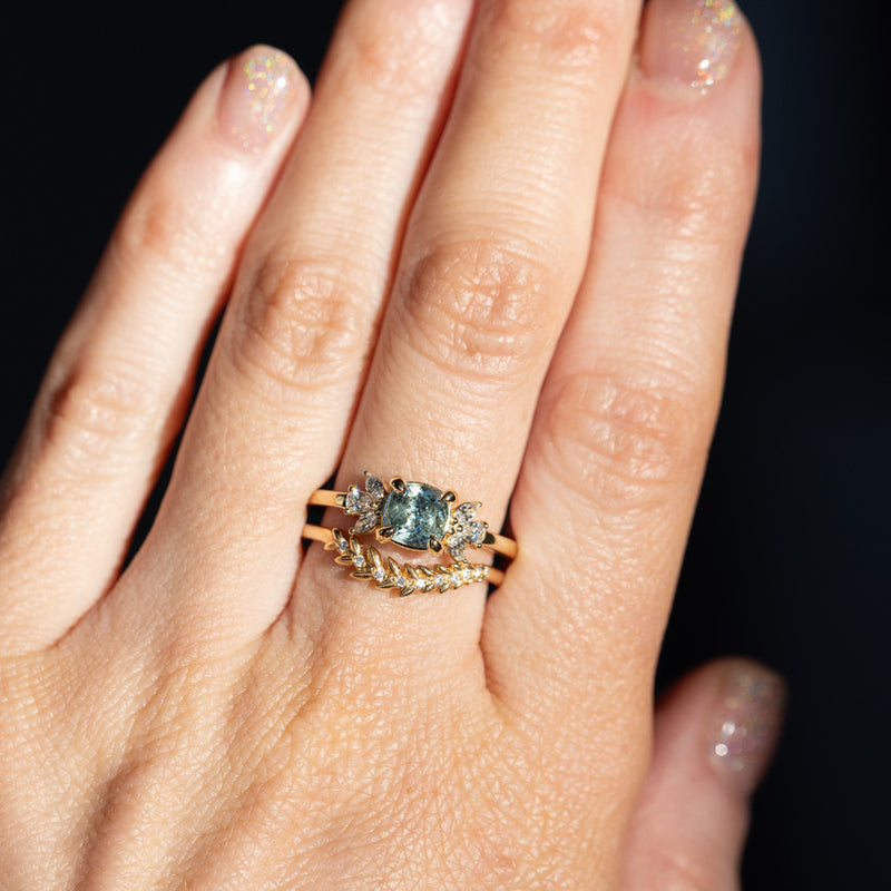 1.11ct Light Teal Blue Cushion Cut Untreated Montana Sapphire and Lab Grown Marquise Diamond Cluster Ring in 14k Yellow Gold