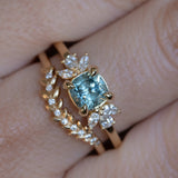 1.11ct Light Teal Blue Cushion Cut Untreated Montana Sapphire and Lab Grown Marquise Diamond Cluster Ring in 14k Yellow Gold