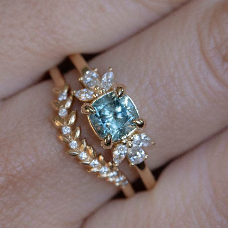 1.11ct Light Teal Blue Cushion Cut Untreated Montana Sapphire and Lab Grown Marquise Diamond Cluster Ring in 14k Yellow Gold