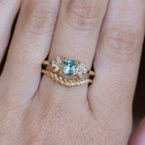 1.11ct Light Teal Blue Cushion Cut Untreated Montana Sapphire and Lab Grown Marquise Diamond Cluster Ring in 14k Yellow Gold