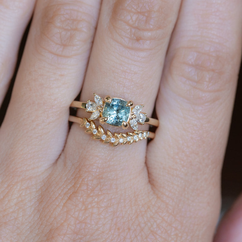 1.11ct Light Teal Blue Cushion Cut Untreated Montana Sapphire and Lab Grown Marquise Diamond Cluster Ring in 14k Yellow Gold