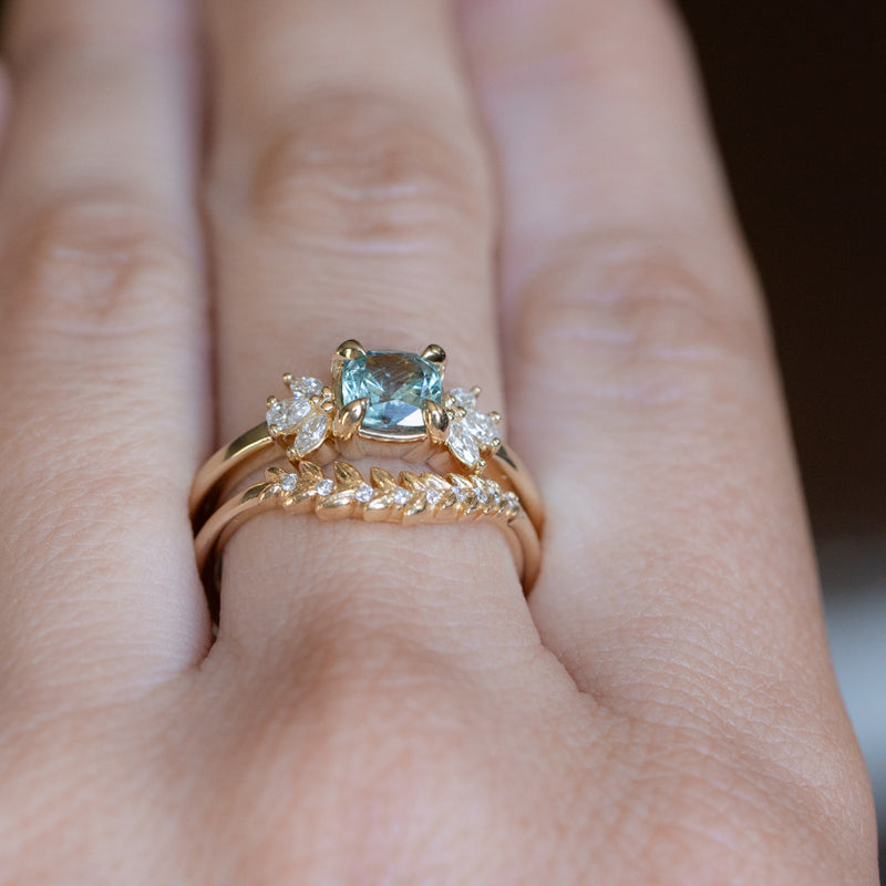 1.11ct Light Teal Blue Cushion Cut Untreated Montana Sapphire and Lab Grown Marquise Diamond Cluster Ring in 14k Yellow Gold